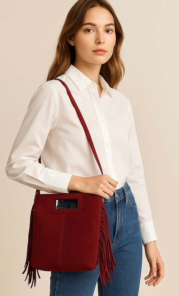 LUCCA Bolso de piel con flecos burdeos