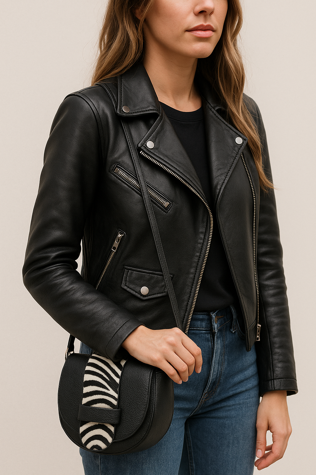 FLORENCIA Bolso de piel combinada con pelo natural cebra