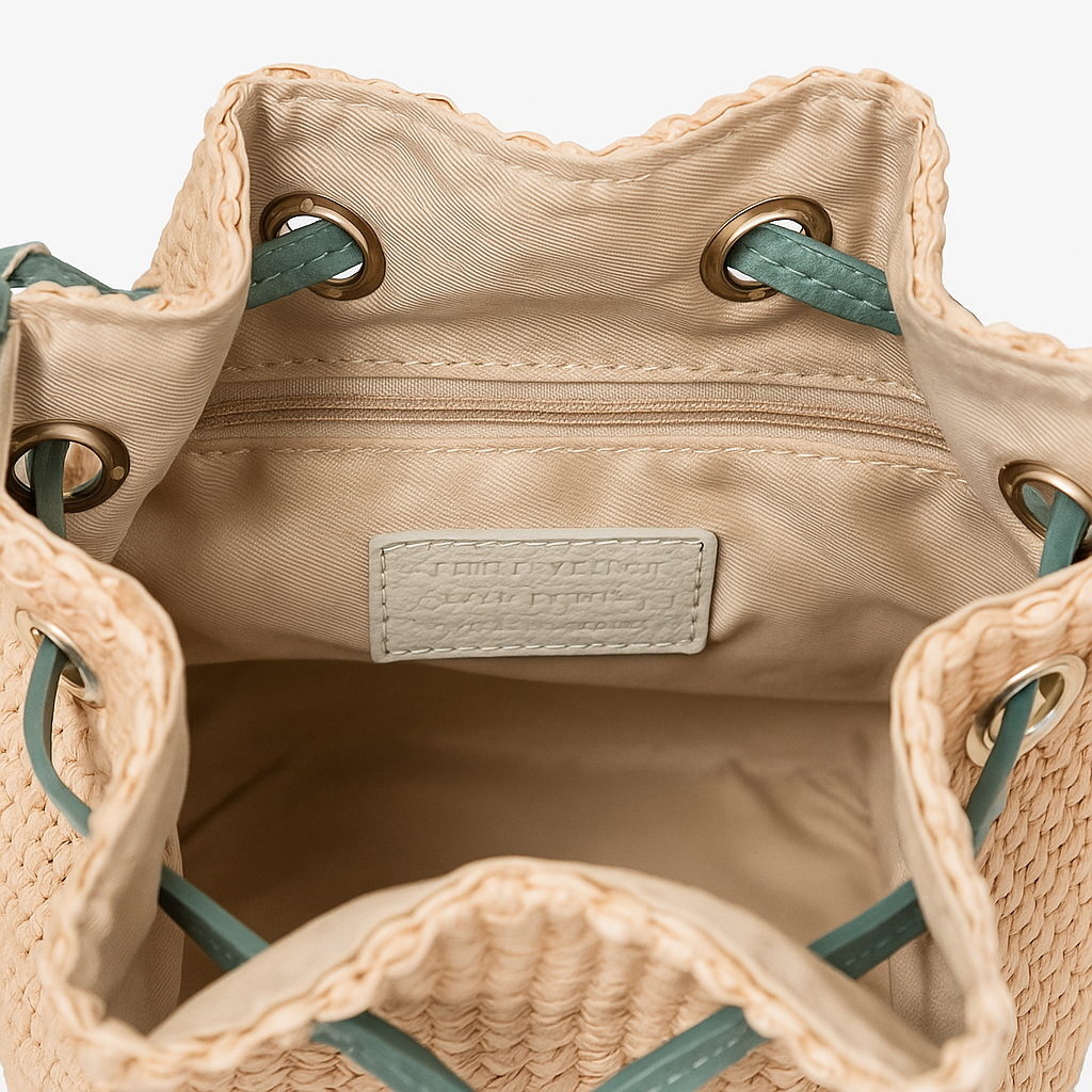 CERDEÑA Ed. Limitada Bolso de rafia natural y piel AZUL GRISÁCEO