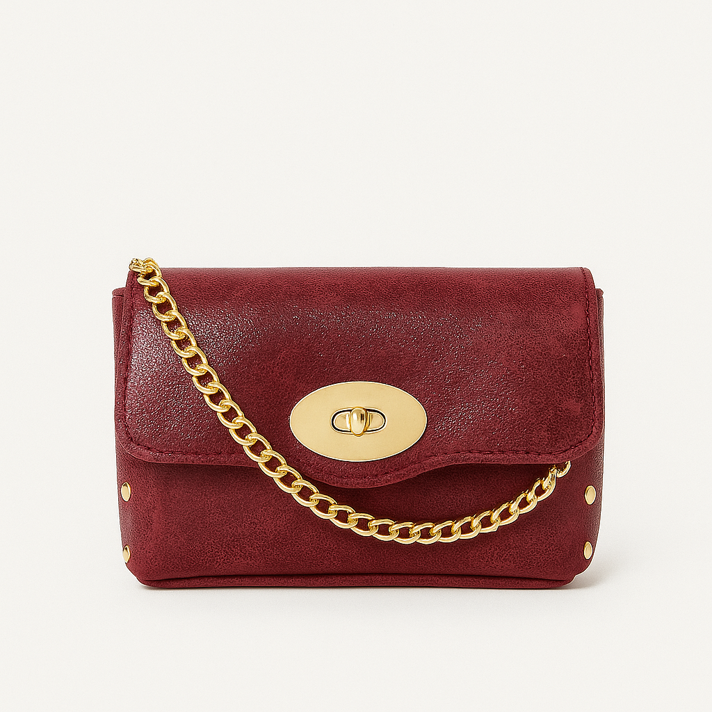 TURÍN Bolso mini de piel con doble cadena burdeos