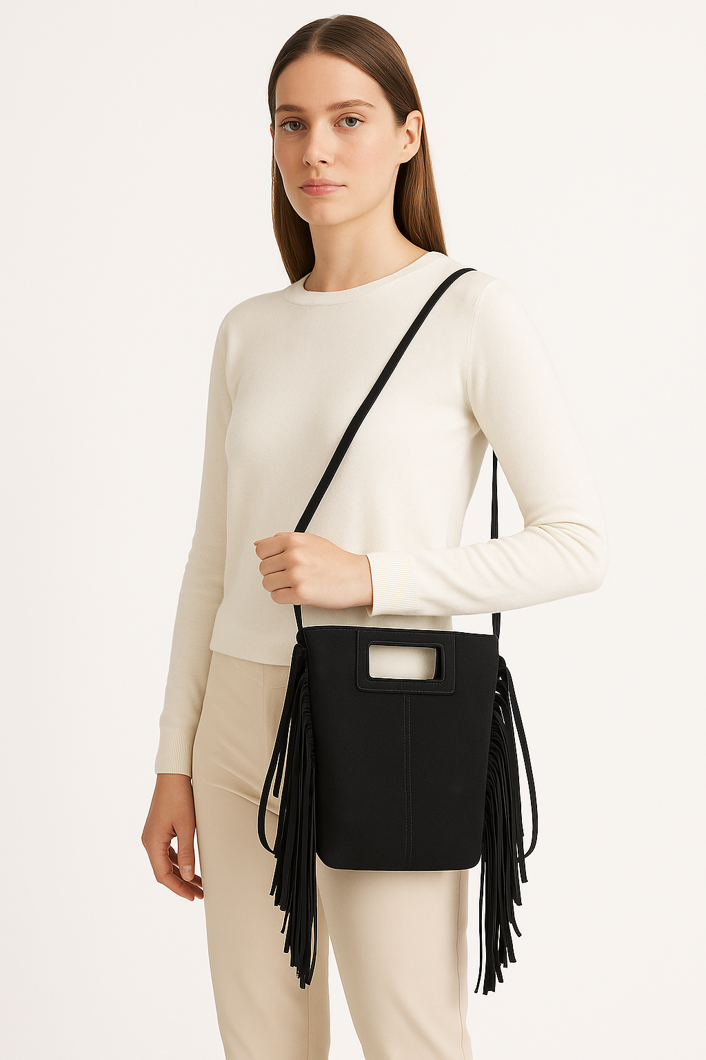 LUCCA Bolso de piel con flecos negro