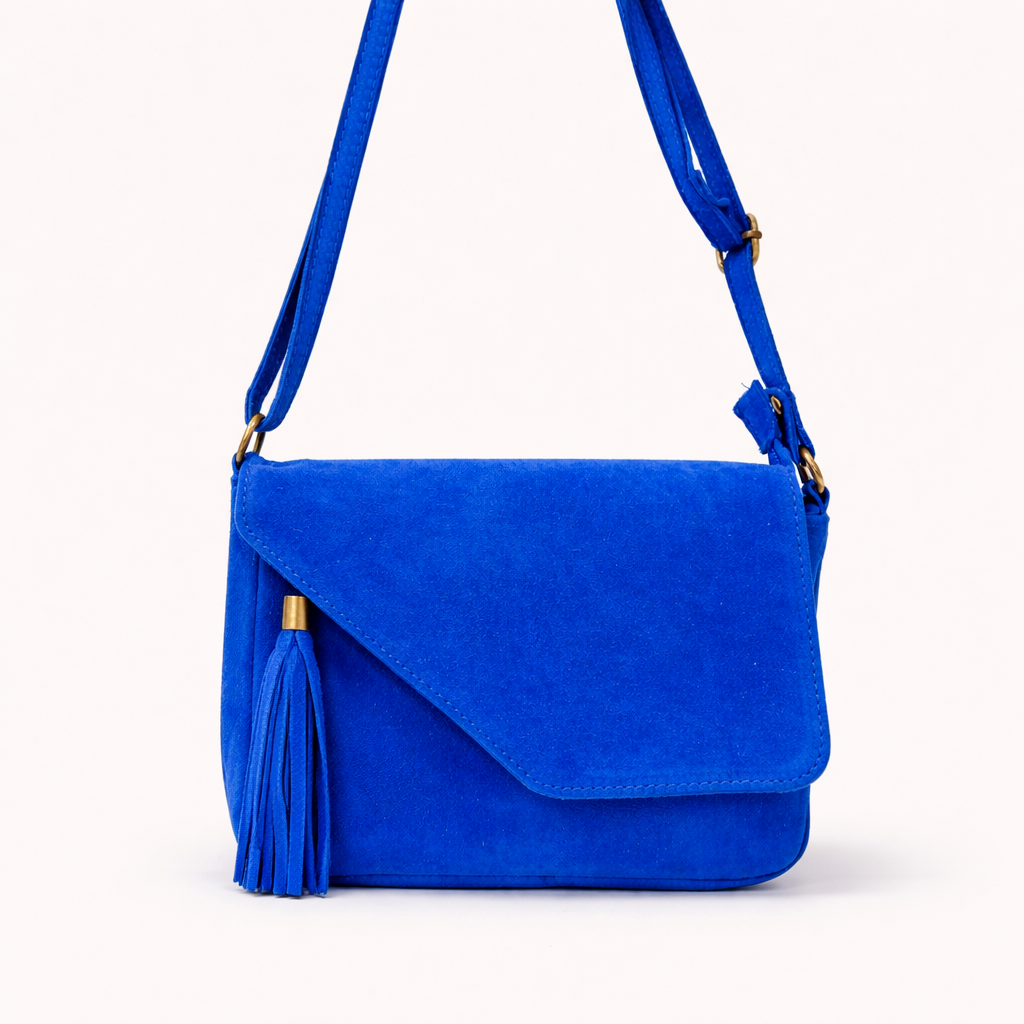 LENA Bolso de piel bandolera con detalle flecos azul eléctrico