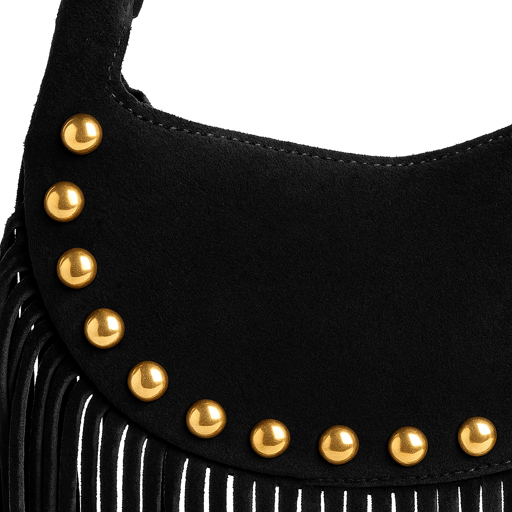 BOHO Bolso de piel bandolera con flecos negro