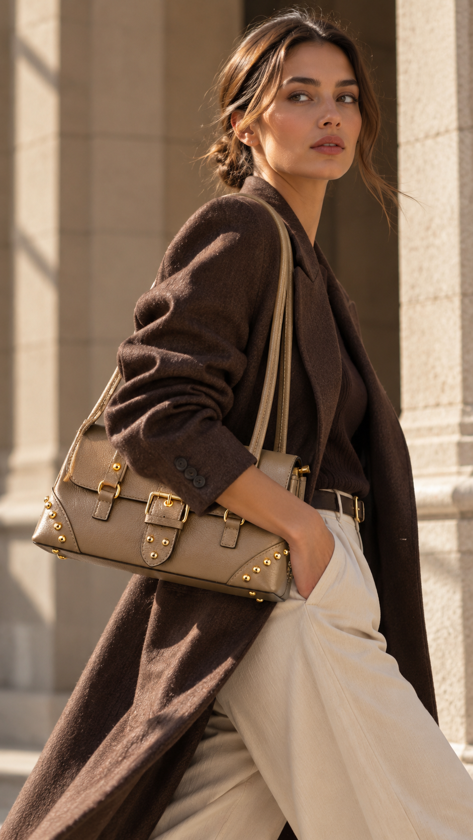 GIULIA Bolso de piel con tachas beige oscuro