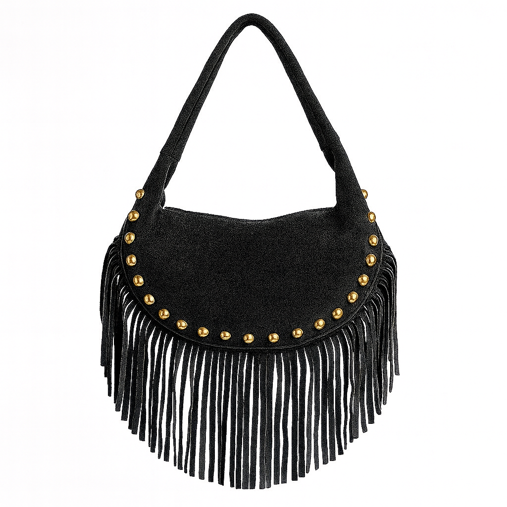 BOHO Bolso de piel bandolera con flecos negro