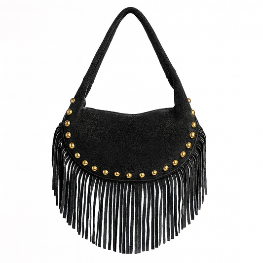 BOHO Bolso de piel bandolera con flecos negro