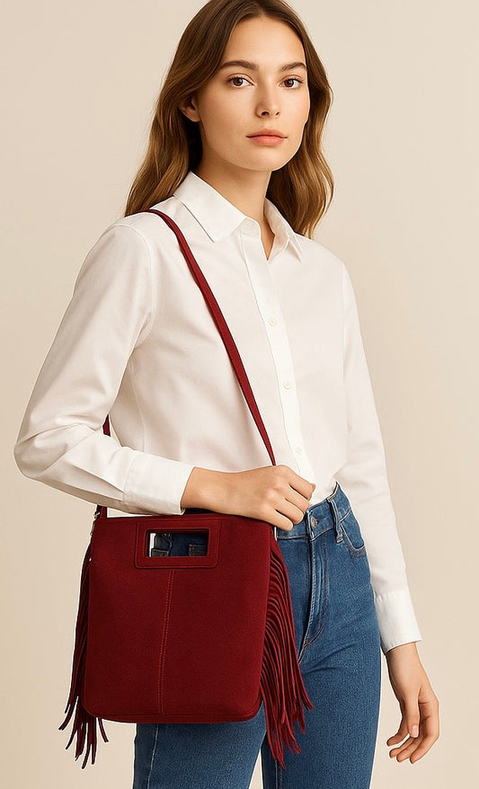 LUCCA Bolso de piel con flecos burdeos