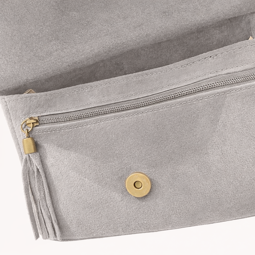 LENA Bolso de piel bandolera con detalle flecos gris