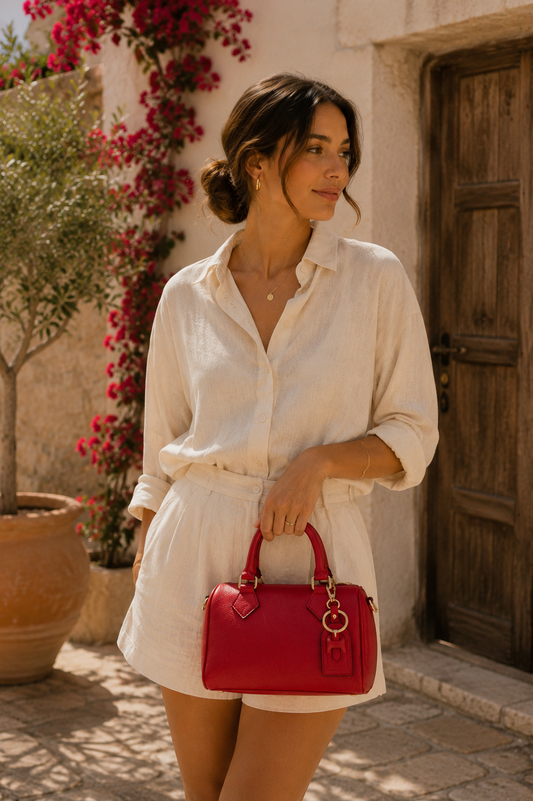 AURORA Bolso bowling de piel con correa para colgar rojo coral