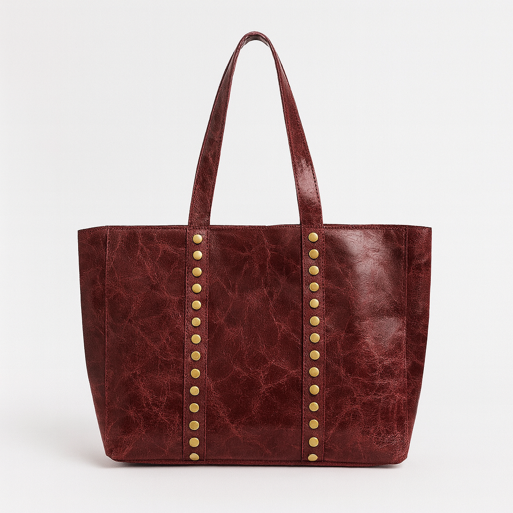 BRESCIA Bolso shopping de piel envejecida con tachas burdeos
