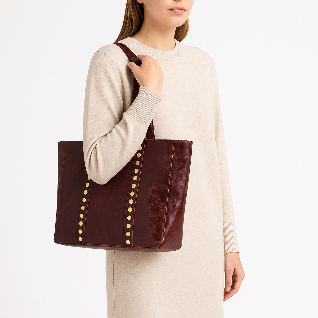 BRESCIA Bolso shopping de piel envejecida con tachas burdeos