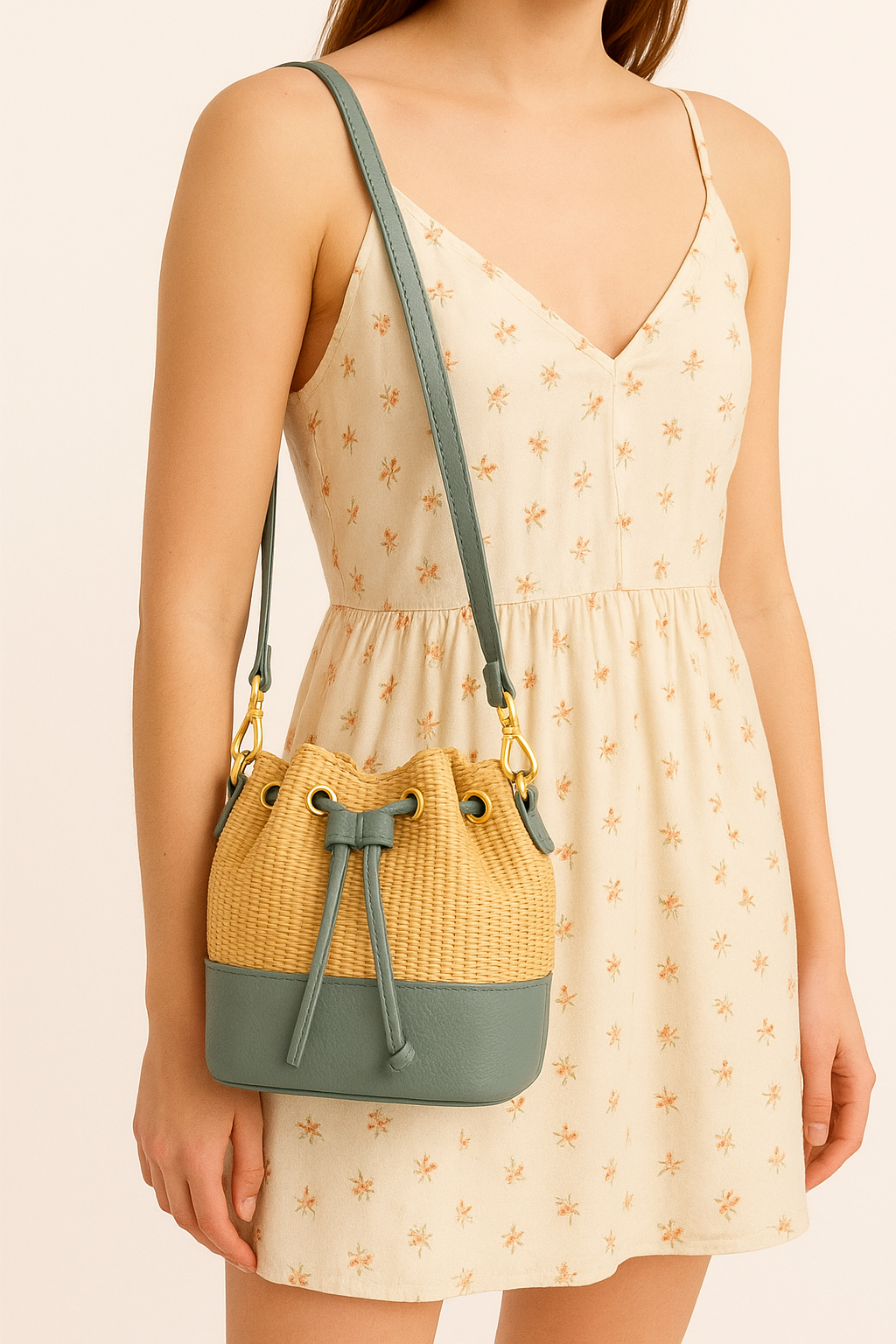 CERDEÑA Ed. Limitada Bolso de rafia natural y piel AZUL GRISÁCEO