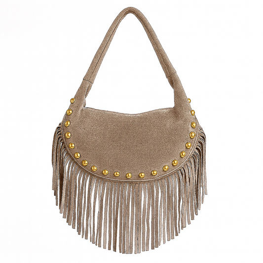BOHO Bolso de piel bandolera con flecos taupe