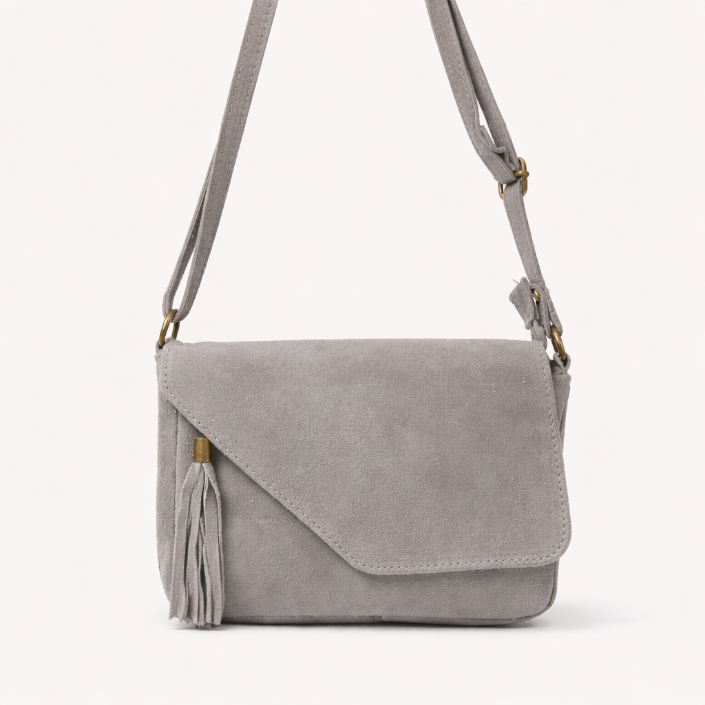 LENA Bolso de piel bandolera con detalle flecos gris