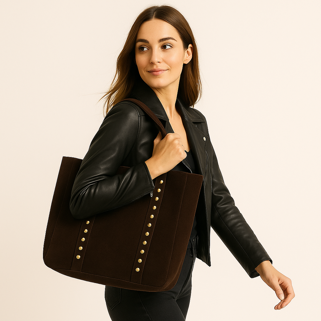 TOSCANA Bolso shopping de piel con tachas MARRÓN CHOCOLATE