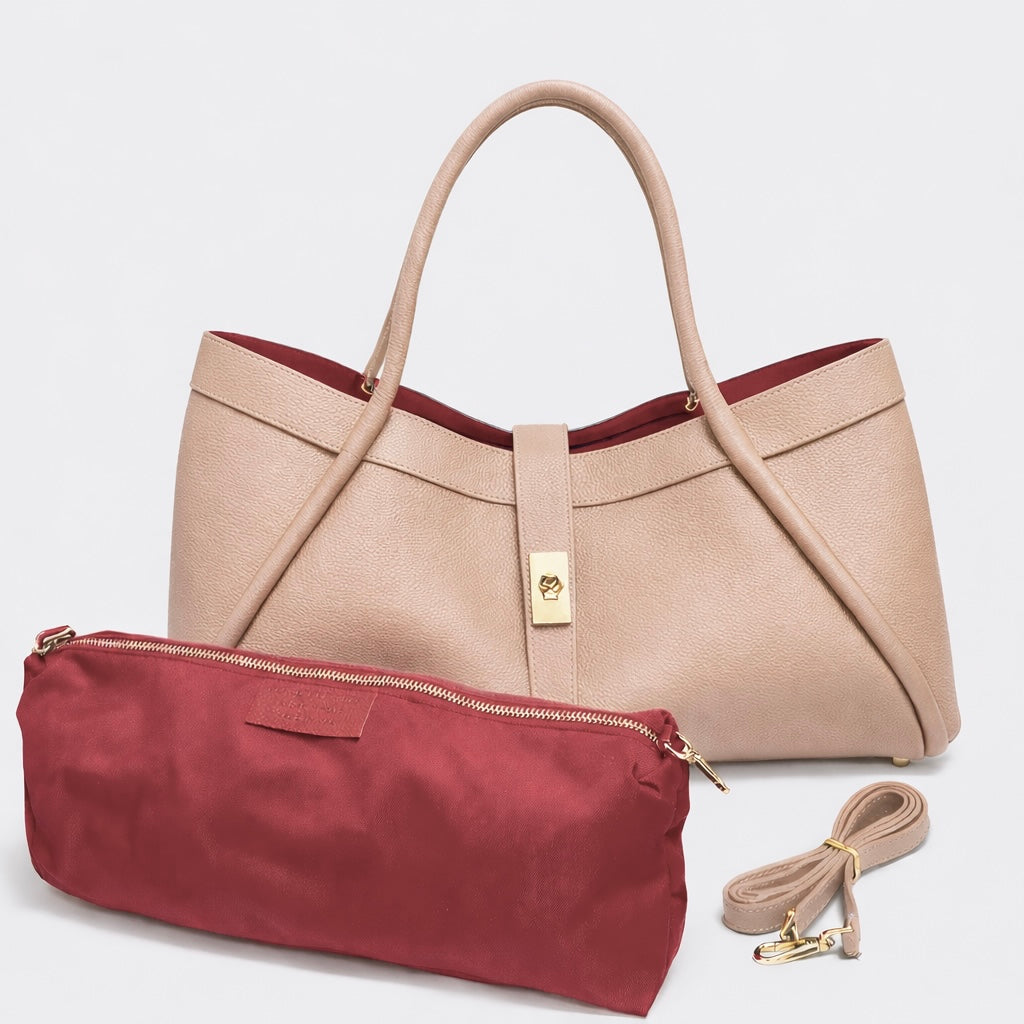 ALBA Bolso grande de piel con correa de hombro beige