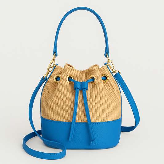 CERDEÑA Ed. Limitada Bolso de rafia natural y piel AZUL ELECTRICO