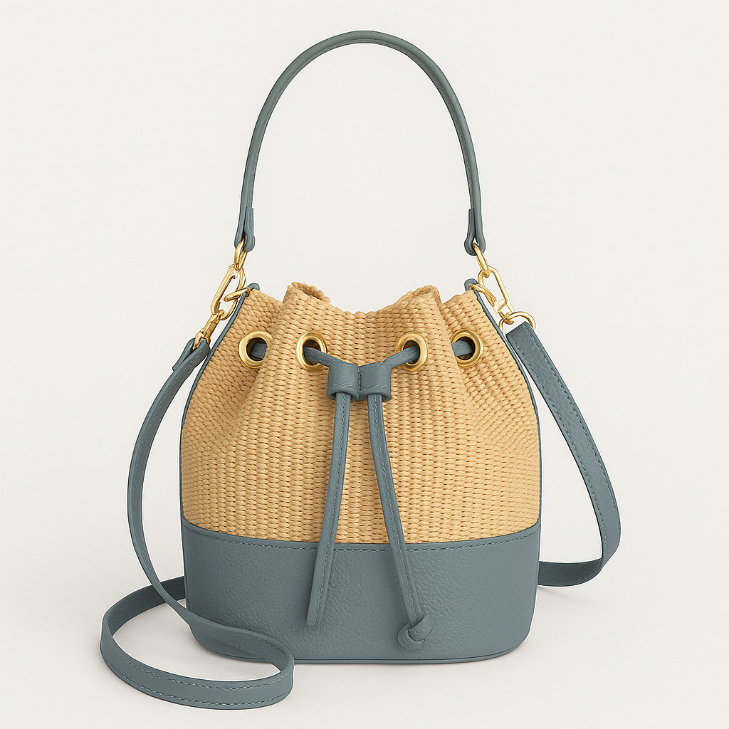 CERDEÑA Ed. Limitada Bolso de rafia natural y piel AZUL GRISÁCEO