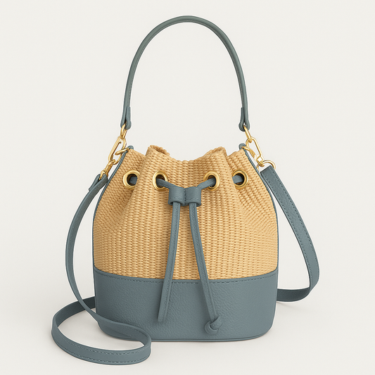CERDEÑA Ed. Limitada Bolso de rafia natural y piel AZUL GRISÁCEO