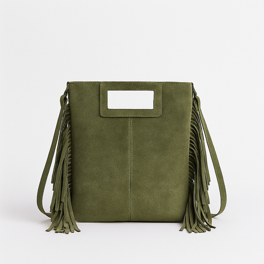 LUCCA Bolso de piel con flecos verde militar