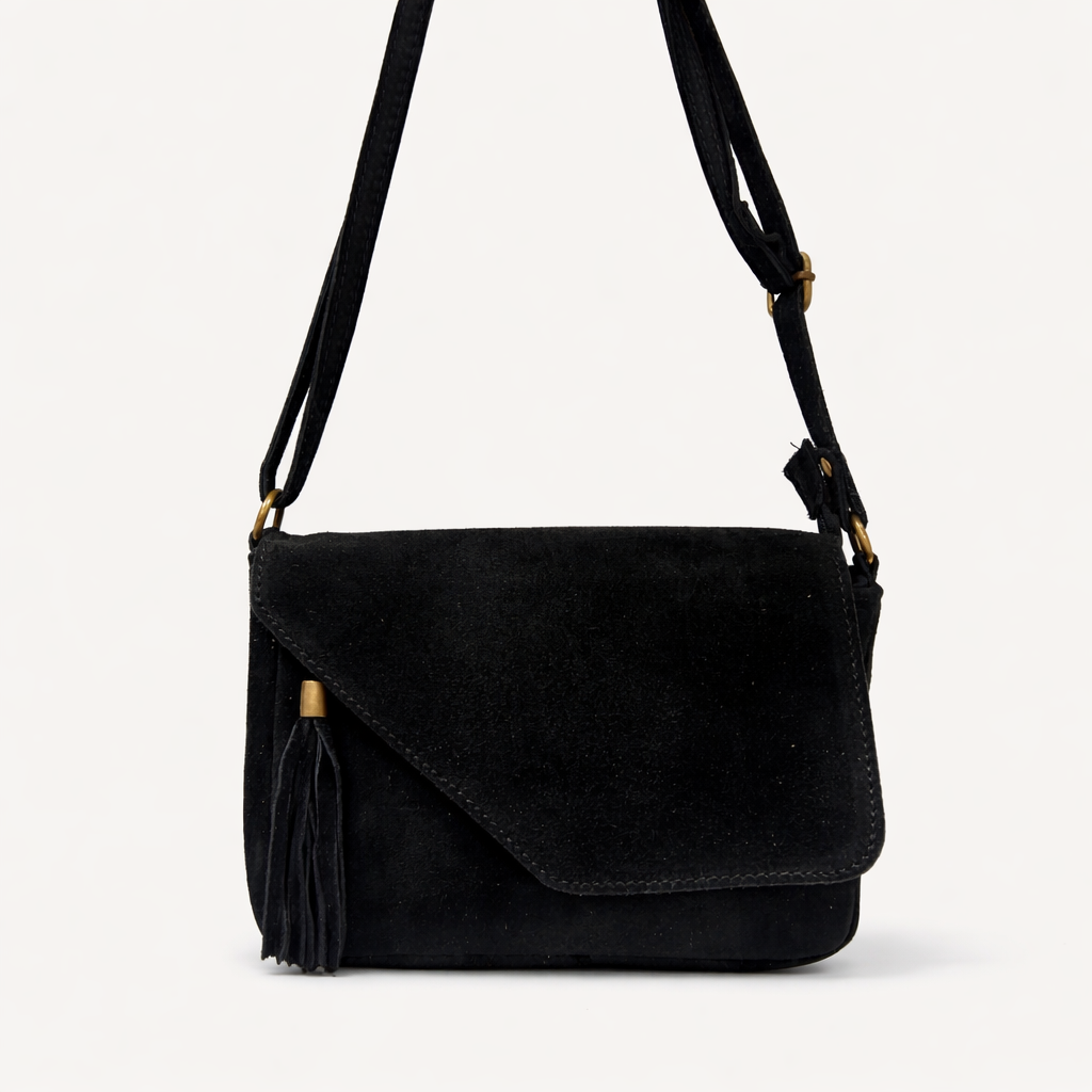 LENA Bolso de piel bandolera con detalle flecos negro