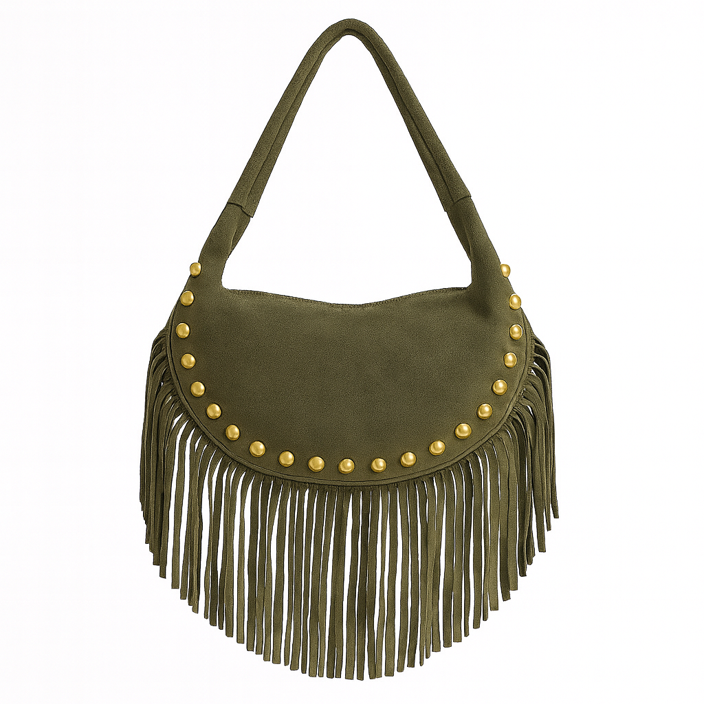 BOHO Bolso de piel bandolera con flecos verde militar