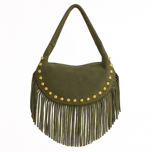 BOHO Bolso de piel bandolera con flecos verde militar