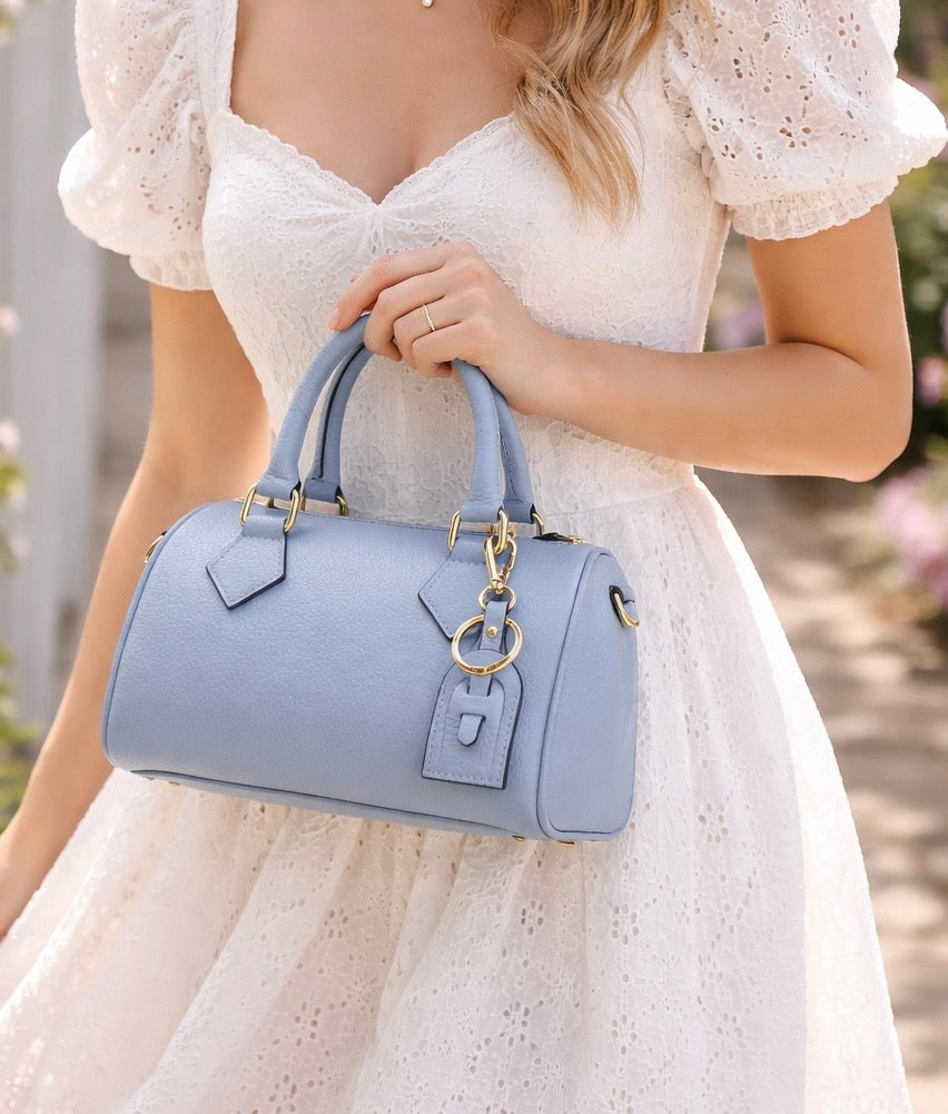 AURORA Bolso bowling de piel con correa para colgar azul acero