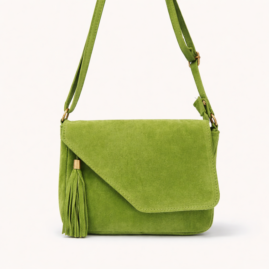 LENA Bolso de piel bandolera con detalle flecos verde