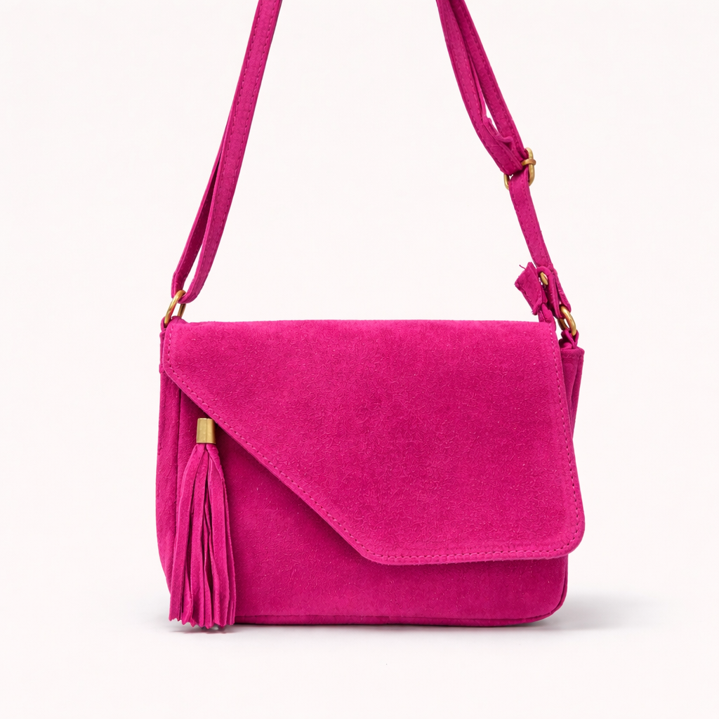 LENA Bolso de piel bandolera con detalle flecos fucsia