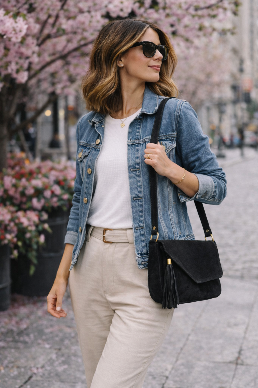 LENA Bolso de piel bandolera con detalle flecos negro