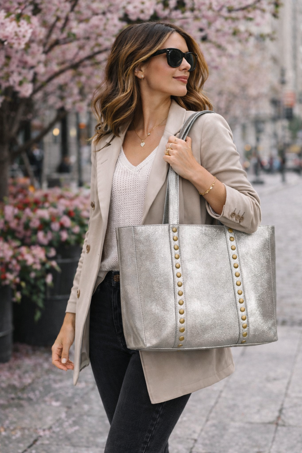 BRESCIA Bolso shopping de piel con brillo plata