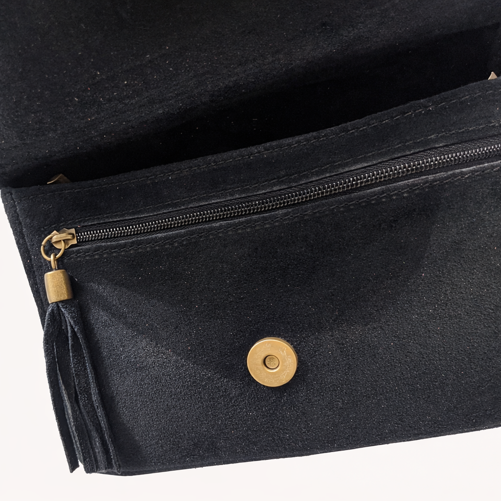 LENA Bolso de piel bandolera con detalle flecos negro