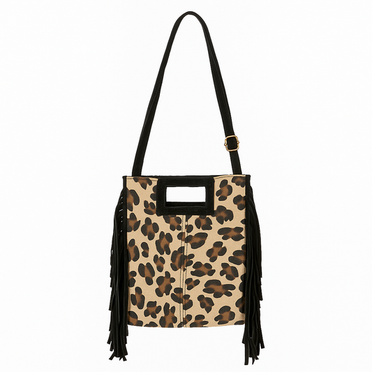 LUCCA Bolso de piel con flecos leopardo