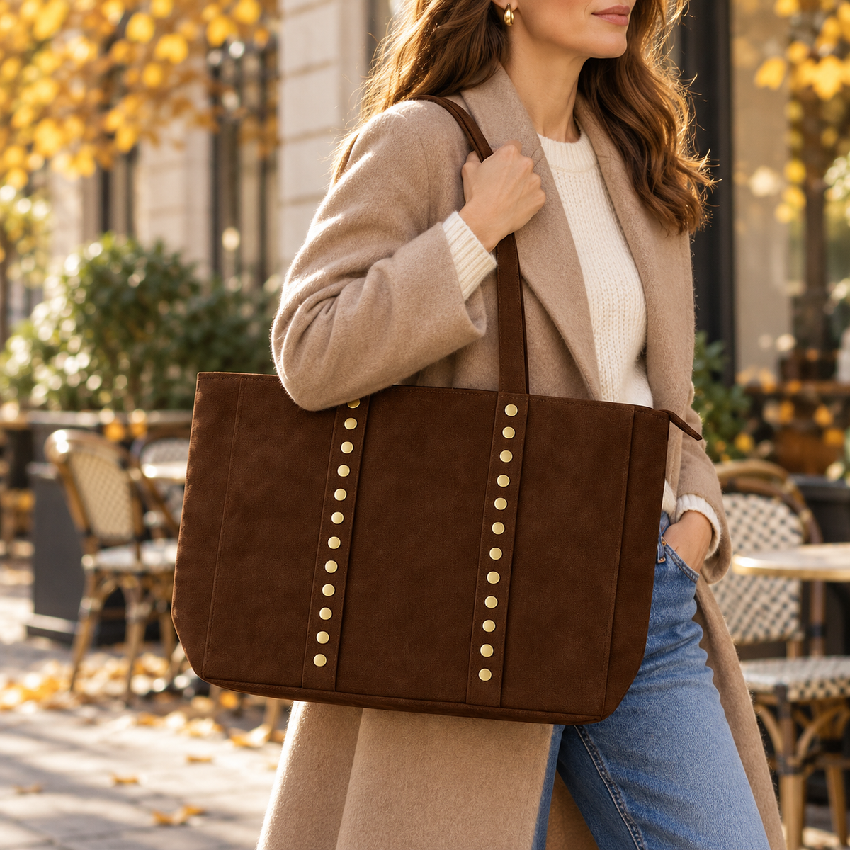 TOSCANA Bolso shopping de piel con tachas MARRÓN CHOCOLATE